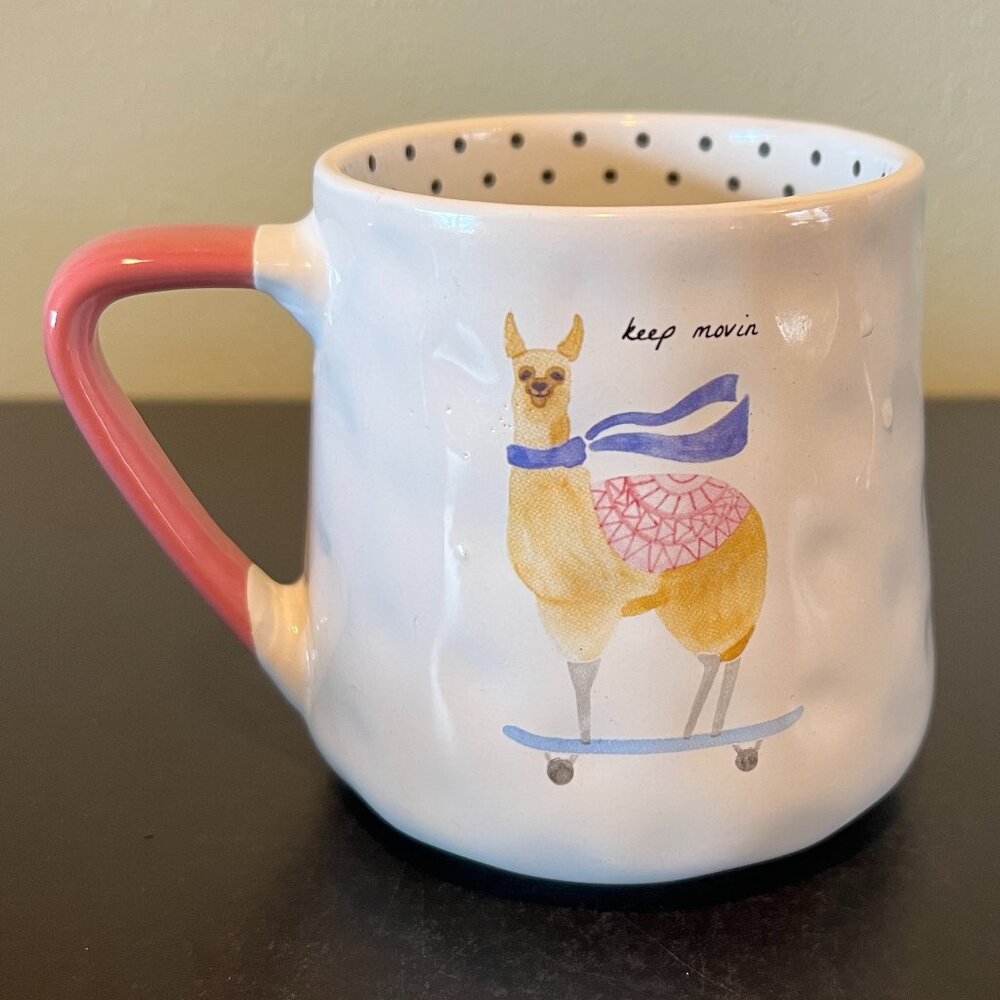 Kensie Home LLAMA SKATEBOARD Ceramic Coffee Mug Keep Movin Cup Polka Dots